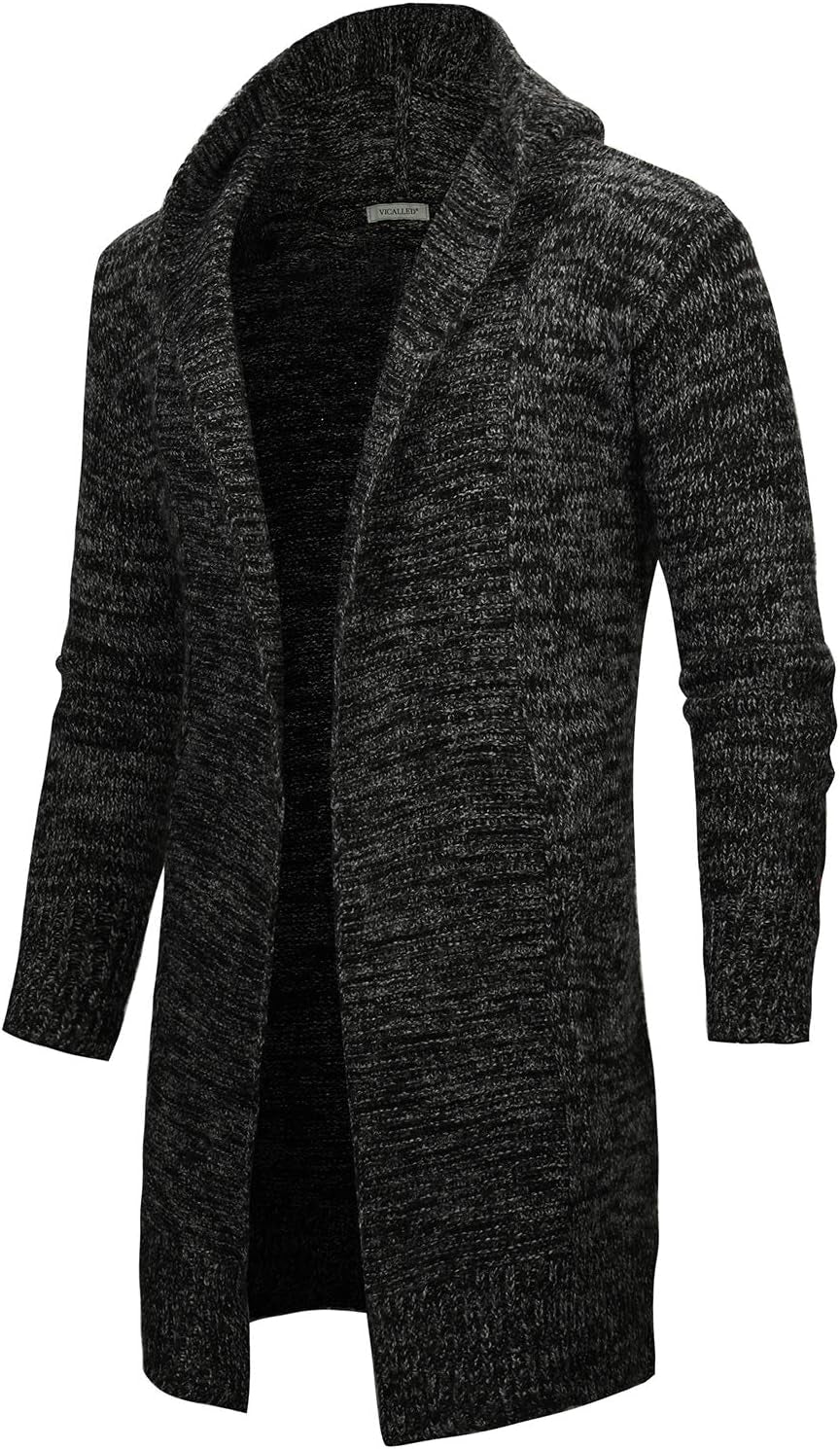 Men'S Long Cardigan Sweater Hooded Knit Slim Fit Open Front Longline Cardigans with Pockets