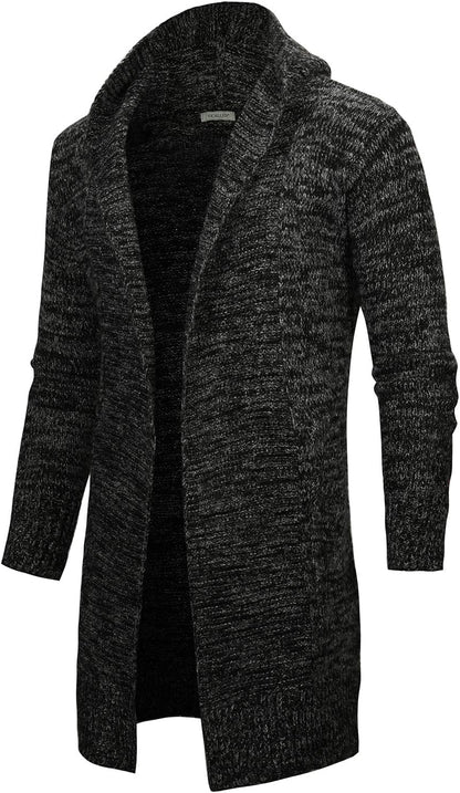 Men'S Long Cardigan Sweater Hooded Knit Slim Fit Open Front Longline Cardigans with Pockets