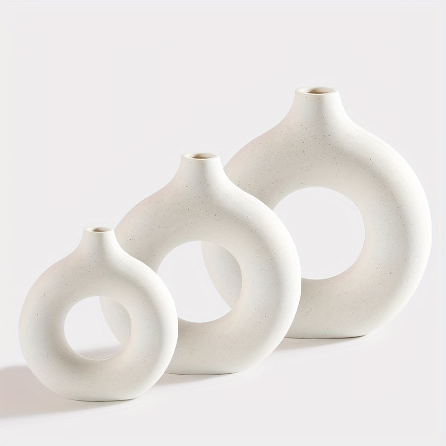 3pcs, Modern Boho Donut Ceramic Vase Set for Home and Office Decor - Round Tabletop Decoration for Living Room, Bedroom, and Garden - Stylish Desktop Ornament for a Chic Look