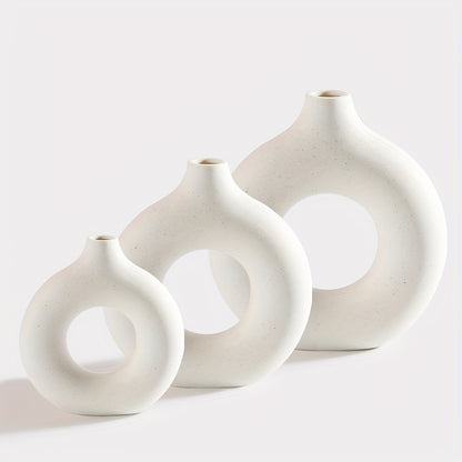 3pcs, Modern Boho Donut Ceramic Vase Set for Home and Office Decor - Round Tabletop Decoration for Living Room, Bedroom, and Garden - Stylish Desktop Ornament for a Chic Look
