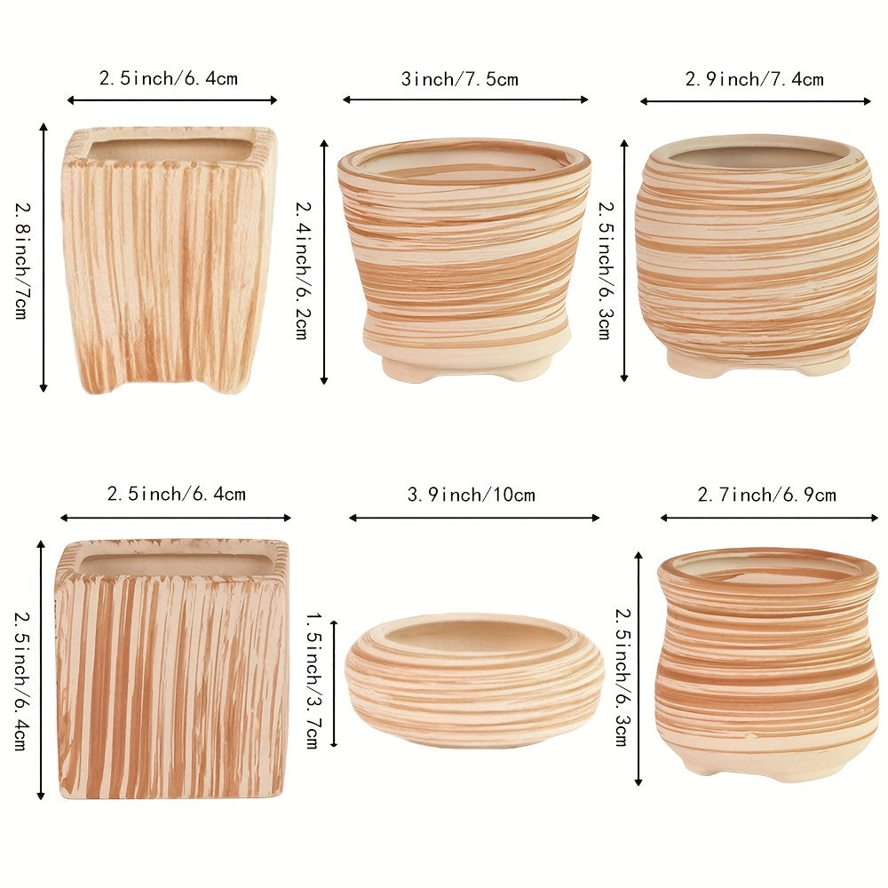 6pcs/set Decorative Ceramic Planter with Drain Hole - Perfect Gift Idea for Women - Mini Plant Pot for Succulents, Cactus, and Flowers - Wooden Pattern Design - Ideal for Home, Office, and Outdoor Garden - 6.5cm (Plants Not I