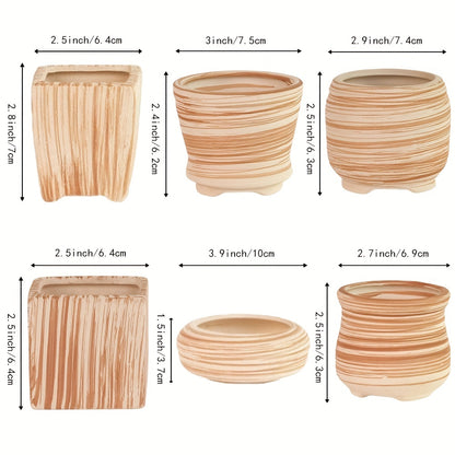 6pcs/set Decorative Ceramic Planter with Drain Hole - Perfect Gift Idea for Women - Mini Plant Pot for Succulents, Cactus, and Flowers - Wooden Pattern Design - Ideal for Home, Office, and Outdoor Garden - 6.5cm (Plants Not I