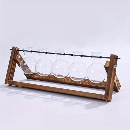 1pc, 5 Bulb Vase Plant Glass Container, With Wooden Frame, Indoor Living Hydroponic Plant Office Garden Planter