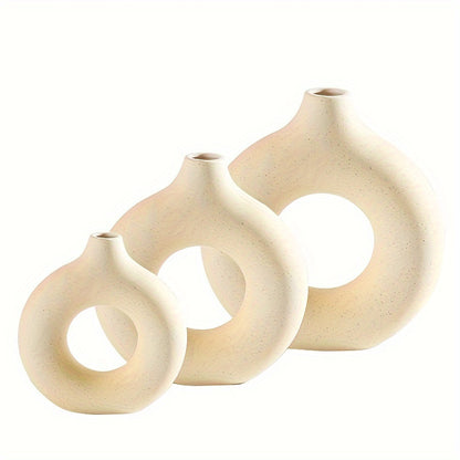 3pcs, Modern Boho Donut Ceramic Vase Set for Home and Office Decor - Round Tabletop Decoration for Living Room, Bedroom, and Garden - Stylish Desktop Ornament for a Chic Look