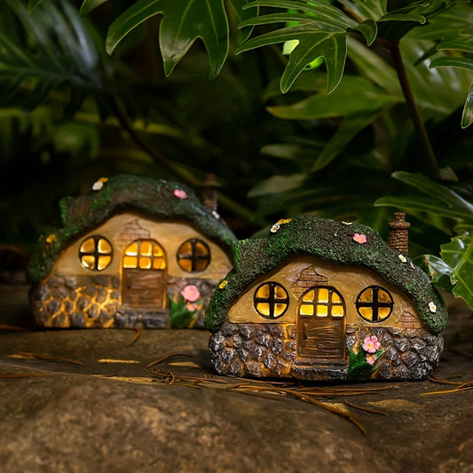 1pc Solar Garden Statue Lights, Fairy Garden House Cottage Figurines Solar Powered Resin Sculpture Outdoor Decor Light For Patio, Lawn, Yard Art Decoration, Housewarming Gift (Resin)