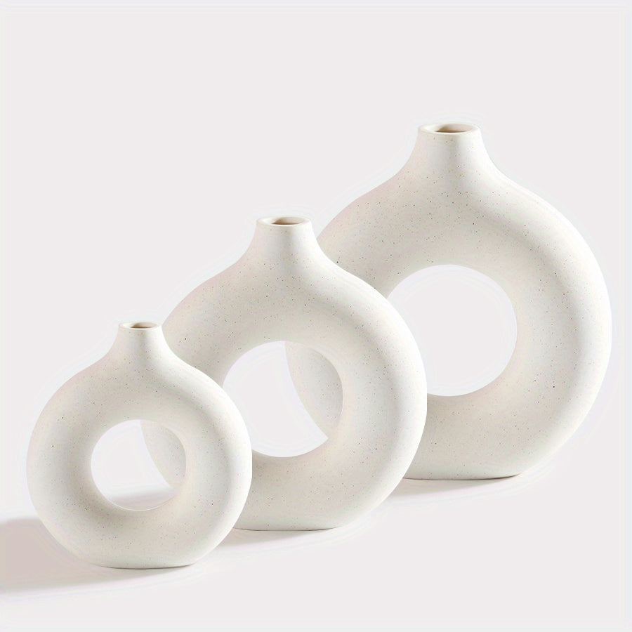 3pcs, Modern Boho Donut Ceramic Vase Set for Home and Office Decor - Round Tabletop Decoration for Living Room, Bedroom, and Garden - Stylish Desktop Ornament for a Chic Look