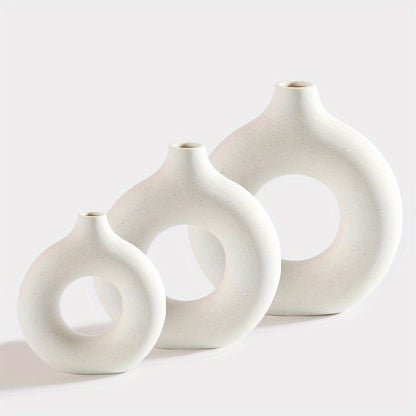 3pcs, Modern Boho Donut Ceramic Vase Set for Home and Office Decor - Round Tabletop Decoration for Living Room, Bedroom, and Garden - Stylish Desktop Ornament for a Chic Look