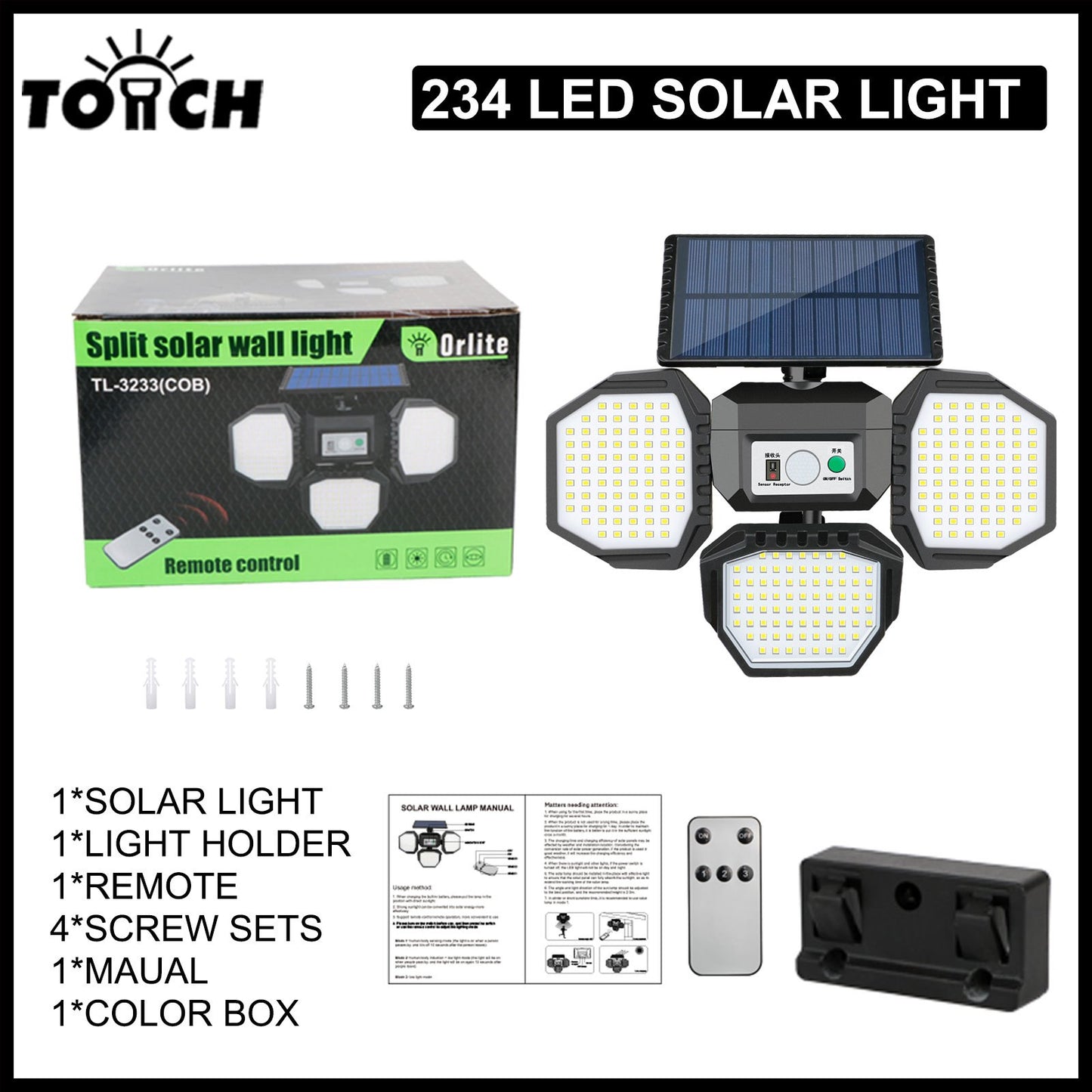 1pc 234 LED Split Solar Wall Light With Remote Control, Water-resistant, PIR Motion Sensor Security Floodlight For Outdoor Patio Yard Garage Garden, LED Lights