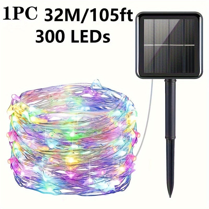 8-Mode Solar Powered Copper Wire Fairy Flower Wreath Lamp - Outdoor Garden Decorative Lighting for Christmas Wedding Party Tree Terraces - Durable Weather-Resistant Construction with Energy-Efficient LEDs