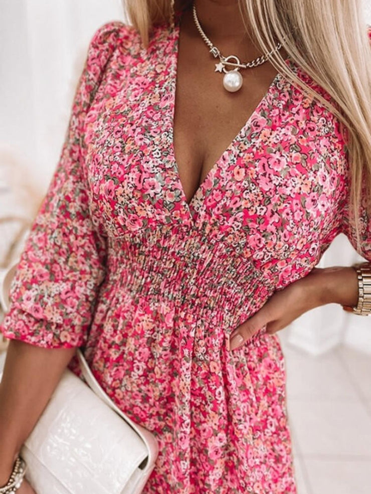 Women's Dresses Puff Sleeve Floral Print Ruched Waist V-Neck Boho Dresses