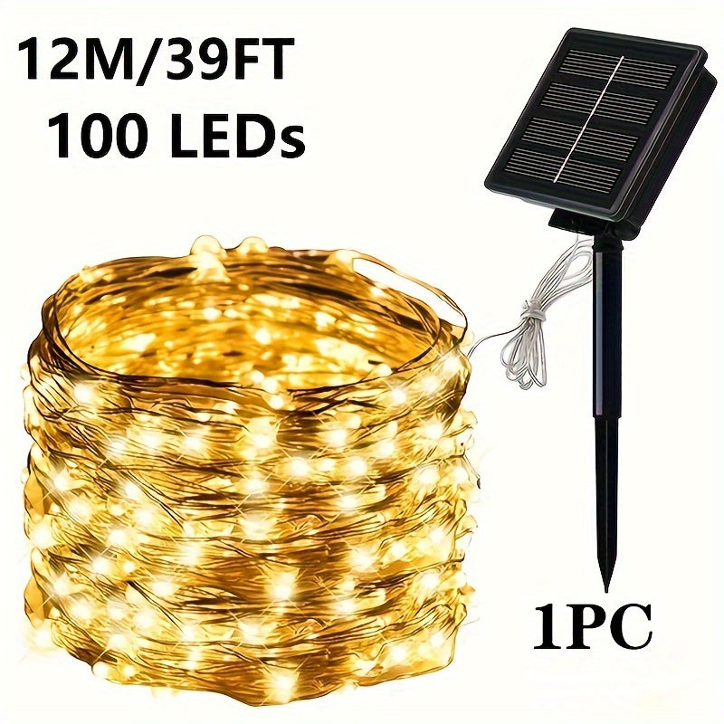 8-Mode Solar Powered Copper Wire Fairy Flower Wreath Lamp - Outdoor Garden Decorative Lighting for Christmas Wedding Party Tree Terraces - Durable Weather-Resistant Construction with Energy-Efficient LEDs