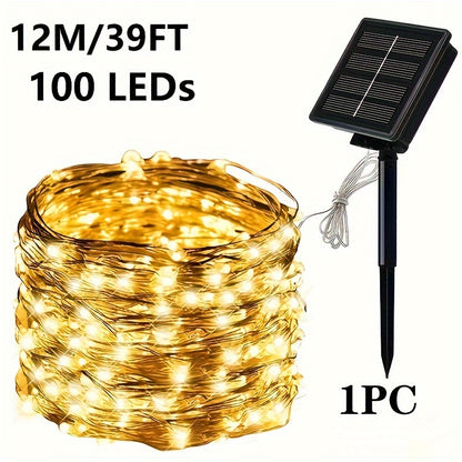 8-Mode Solar Powered Copper Wire Fairy Flower Wreath Lamp - Outdoor Garden Decorative Lighting for Christmas Wedding Party Tree Terraces - Durable Weather-Resistant Construction with Energy-Efficient LEDs