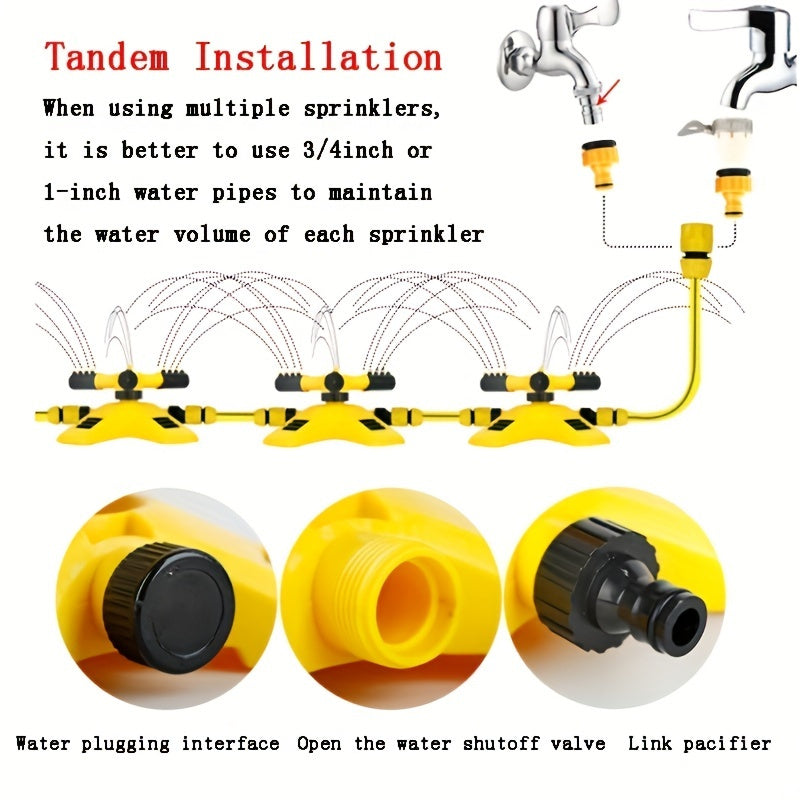 [1pc 360° Rotating Lawn Sprinkler] 1pc Lawn Automatic Sprinkler 360° Rotating 3 Adjustable Rotating Arms Combinable Multi-Angle Large Area Coverage For Garden Lawn Automatic Irrigation Roof Cooling, Yellow