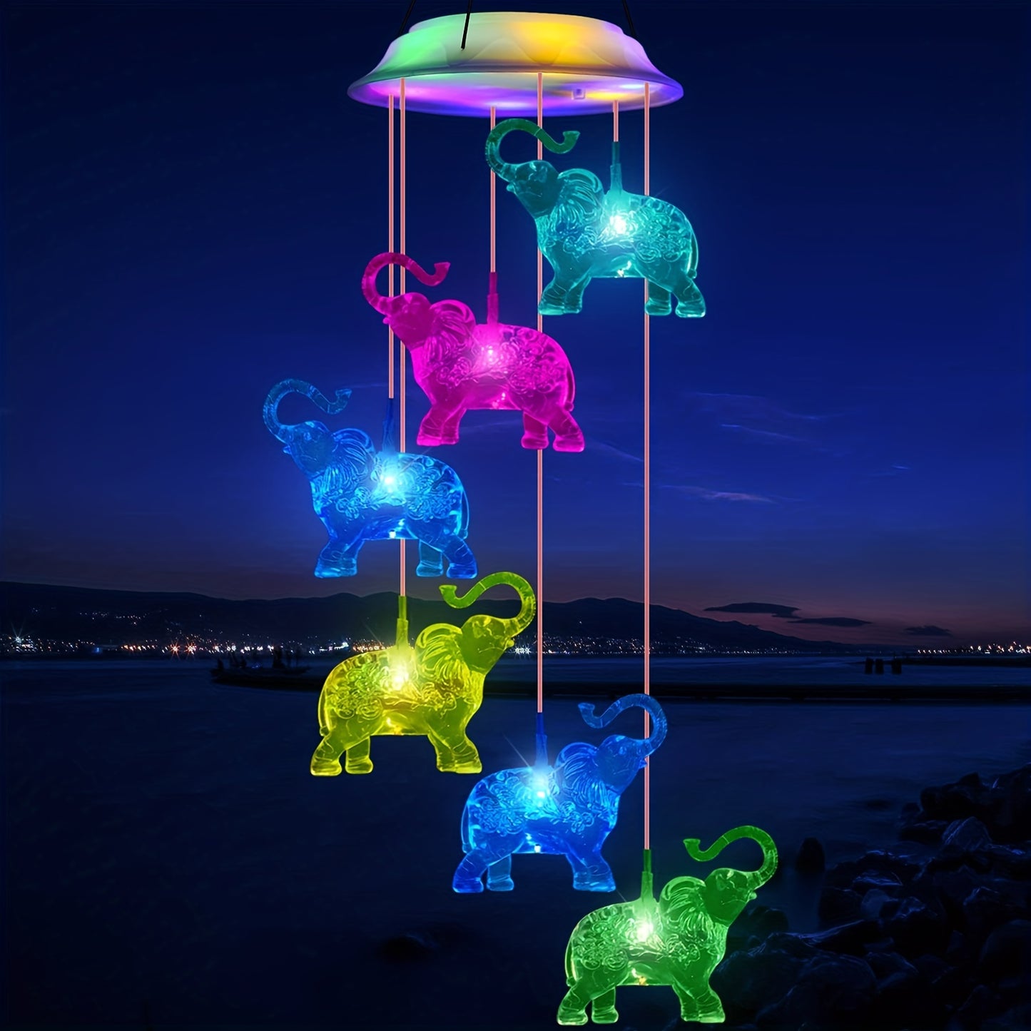 Elephant Solar Wind Chimes with LED Lights - Durable ABS Outdoor Decor, 600mAh Rechargeable Battery for Long-Lasting Night Lighting, Perfect Housewarming Gift for Garden & Patio, Memorial, Yard Lawn Decor