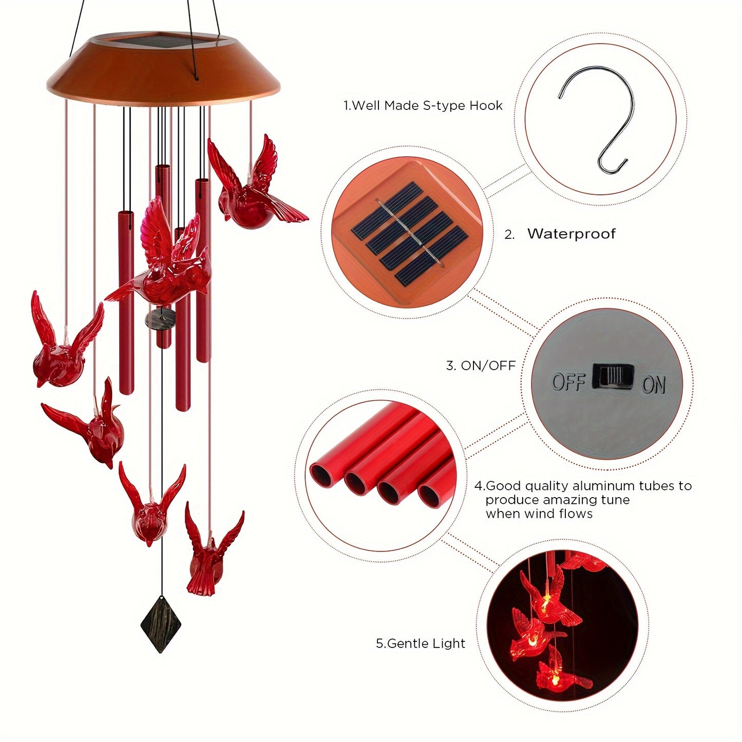 1pc Cardinal Bird Solar Windchimes Outdoor, Garden Christmas Lights, Father Gift, Mother Gift, Mothers Day For Grandma, Sister Gifts, Gardening Gifts For Women, Friend Birthday Gift