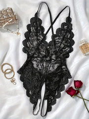 Semi-Sheer Lace Backless Teddy Bodysuit for Women - Seductive Sleepwear with Plunging Neckline, Open Crotch, and Knit Fabric - Perfect for a Romantic Night In