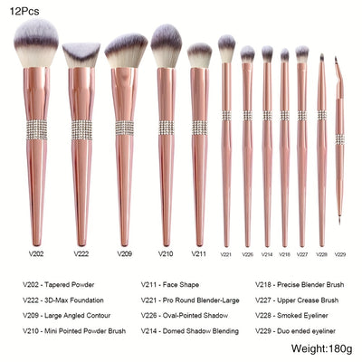 12/14pcs Luxe Makeup Brush Set with Glitter Handles - Includes Blush, Eyeshadow, Foundation Brushes & More - Nylon Bristles for All Skin Types - Fragrance-Free