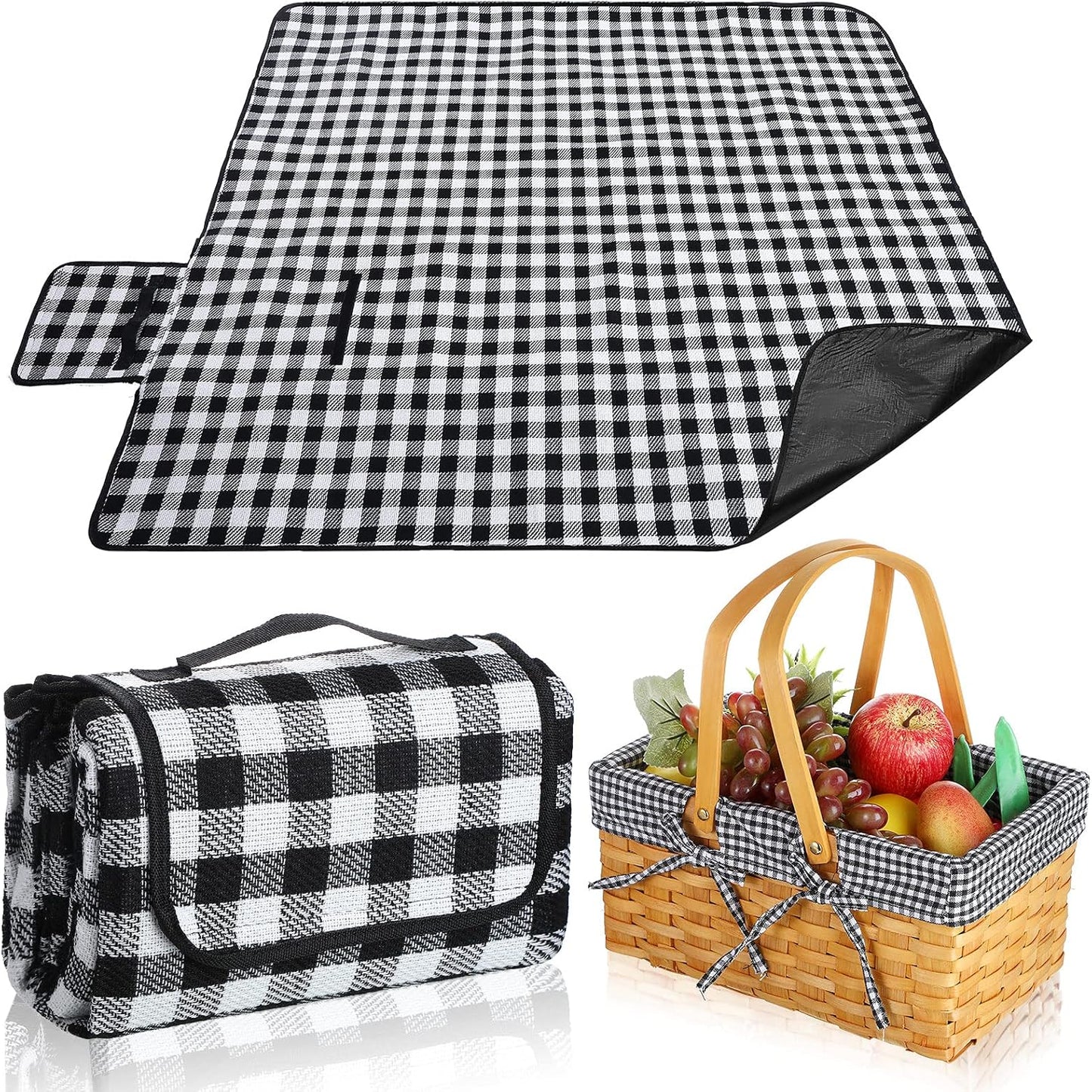 Wicker Picnic Basket Natural Hand Woven Basket with Double Folding Handles, Willow Hamper Baskets with Blanket for Outdoor Picnic Summer Spring Camp Family(Black and White Grid)