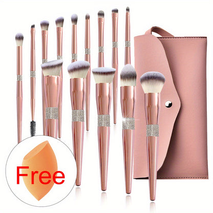 12/14pcs Luxe Makeup Brush Set with Glitter Handles - Includes Blush, Eyeshadow, Foundation Brushes & More - Nylon Bristles for All Skin Types - Fragrance-Free