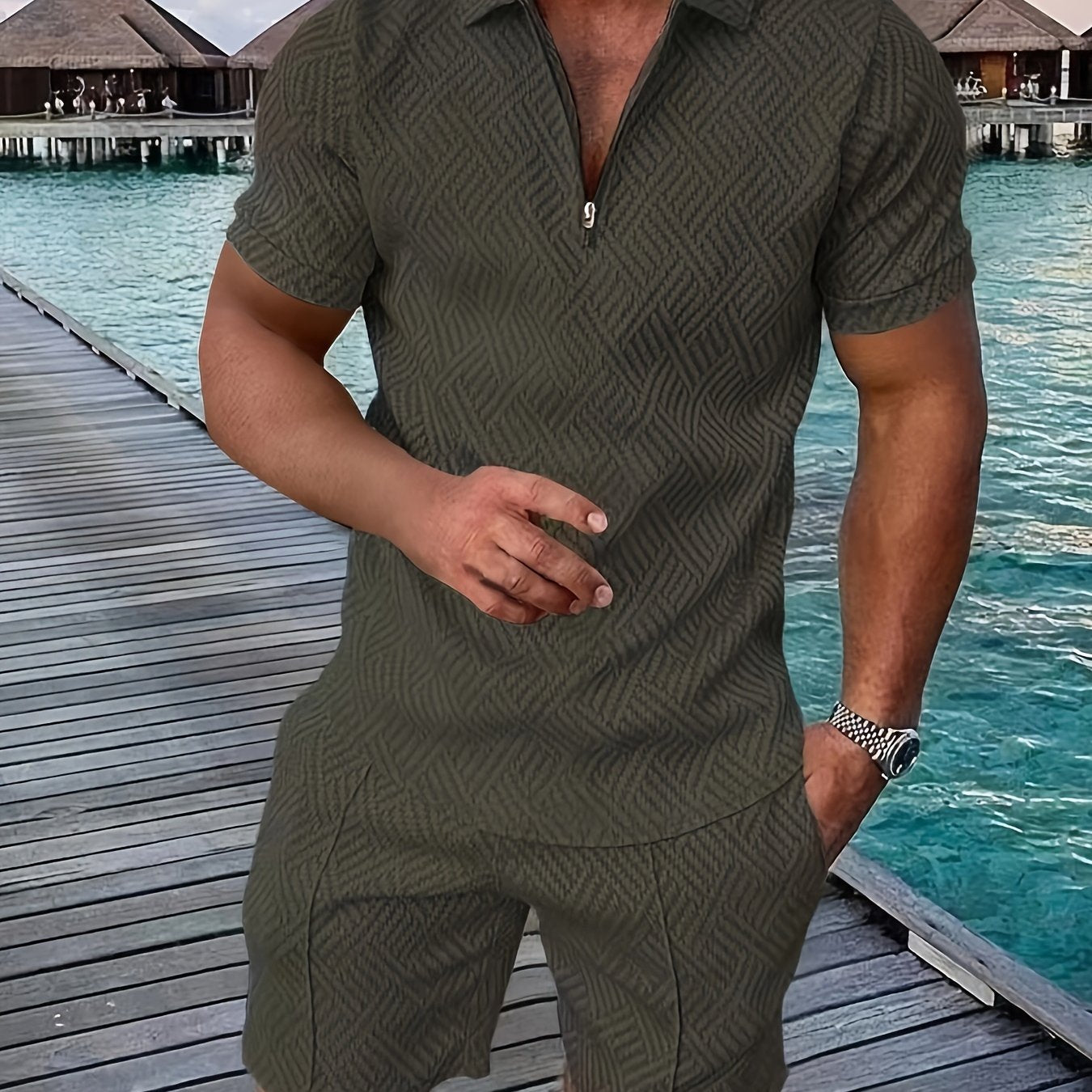 2Pcs Outfits For Men, Casual Short Sleeve Lapel Shirt And Drawstring Shorts Set For Summer, Men's Clothing For Vacation Workout