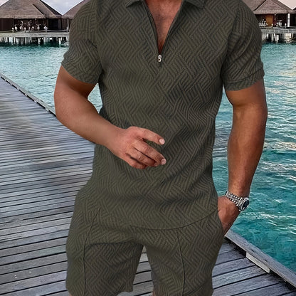 2Pcs Outfits For Men, Casual Short Sleeve Lapel Shirt And Drawstring Shorts Set For Summer, Men's Clothing For Vacation Workout