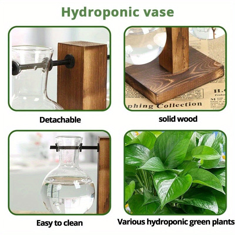 1/2/4pcs Hydroponic Glass Vase, Vintage Desktop Plant Terrarium Planter Bulb Vase, Water Planting Propagation Vase Planters Hydroponics Plants With Retro Wooden Stand Home Garden