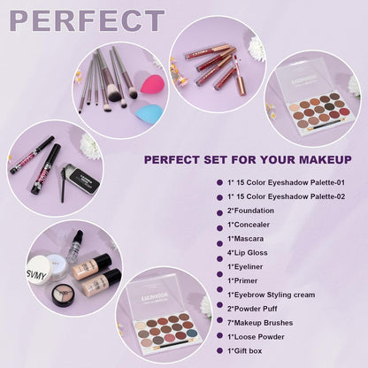 Women Full Kit Make up Kit Makeup Sets Women Includes Eyeshadow Palette Lip Gloss Liquid Lipstick Make up Sponge Brushes Eyebrow Concealer with Makeup Bag