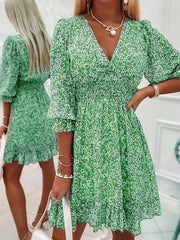 Women's Dresses Puff Sleeve Floral Print Ruched Waist V-Neck Boho Dresses