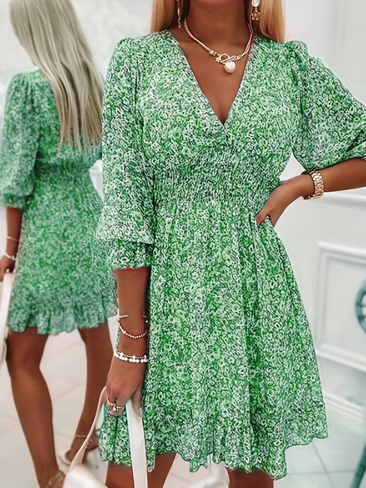 Women's Dresses Puff Sleeve Floral Print Ruched Waist V-Neck Boho Dresses