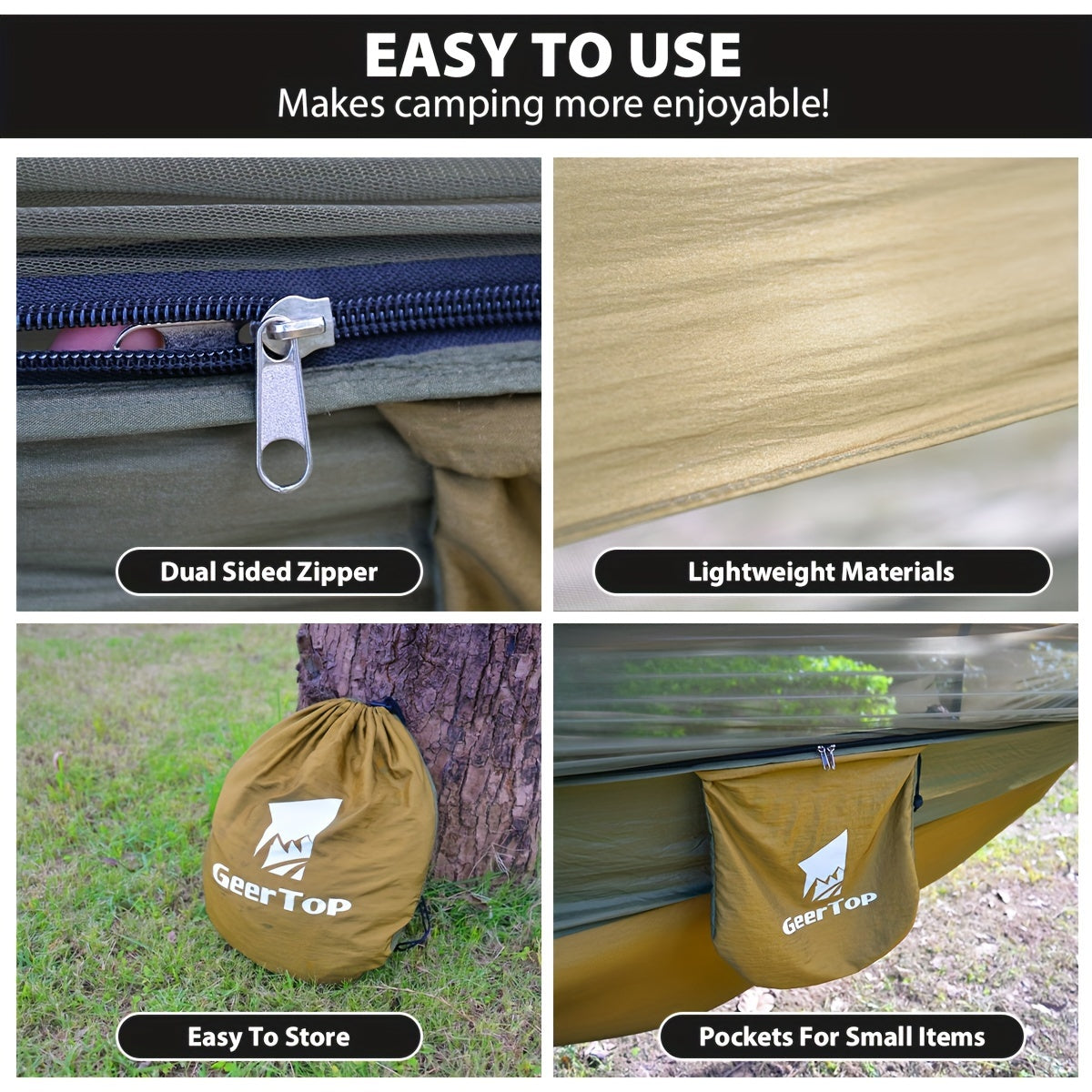 GeerTop 3-in-1 Camping Hammock with Mosquito Net & Sun Shelter - Durable, Easy Setup for Backpacking, Hiking, Beach & Garden