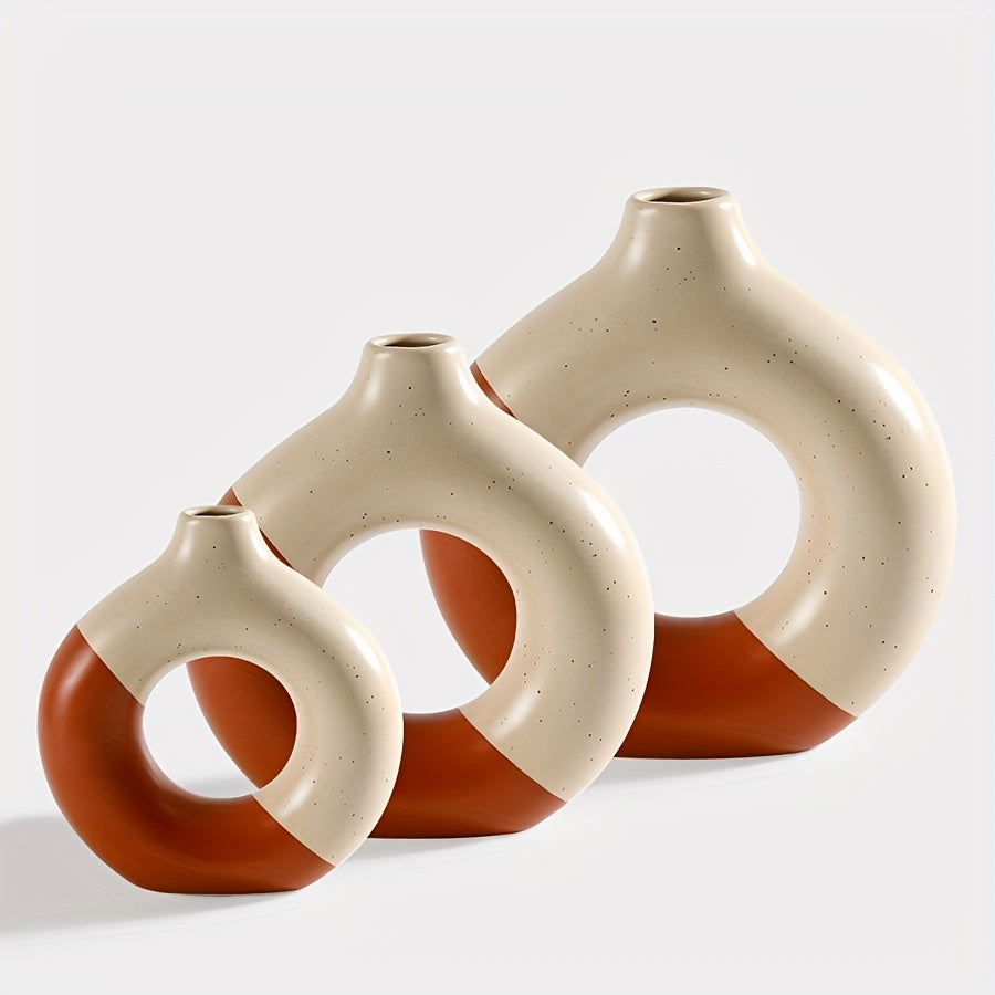3pcs, Modern Boho Donut Ceramic Vase Set for Home and Office Decor - Round Tabletop Decoration for Living Room, Bedroom, and Garden - Stylish Desktop Ornament for a Chic Look