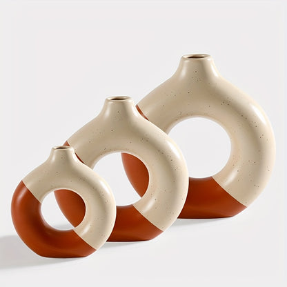 3pcs, Modern Boho Donut Ceramic Vase Set for Home and Office Decor - Round Tabletop Decoration for Living Room, Bedroom, and Garden - Stylish Desktop Ornament for a Chic Look