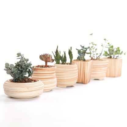 6pcs/set Decorative Ceramic Planter with Drain Hole - Perfect Gift Idea for Women - Mini Plant Pot for Succulents, Cactus, and Flowers - Wooden Pattern Design - Ideal for Home, Office, and Outdoor Garden - 6.5cm (Plants Not I