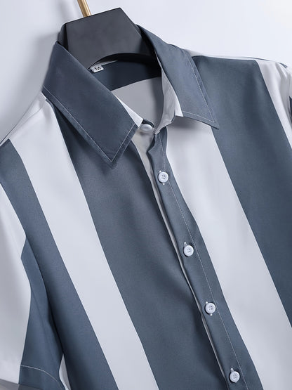 Mens Summer Short Sleeve Striped Shirting Shirt - Square Neck, Button Front, Regular Fit, Non-Stretch Polyester Fabric, Hand Wash or Dry Clean, Perfect for Weekend Casual Street Style
