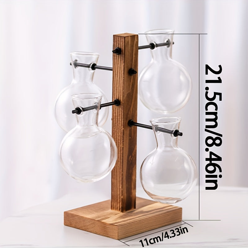 1/2/4pcs Hydroponic Glass Vase, Vintage Desktop Plant Terrarium Planter Bulb Vase, Water Planting Propagation Vase Planters Hydroponics Plants With Retro Wooden Stand Home Garden