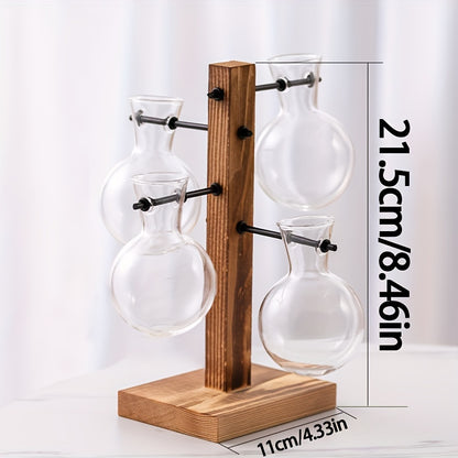 1/2/4pcs Hydroponic Glass Vase, Vintage Desktop Plant Terrarium Planter Bulb Vase, Water Planting Propagation Vase Planters Hydroponics Plants With Retro Wooden Stand Home Garden