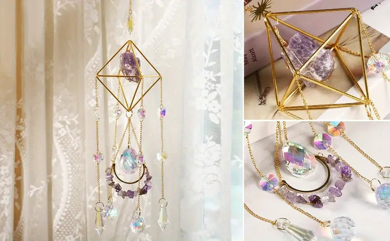 1pc Amethyst Crystal Suncatcher, Hanging Golden Plated Garden Sun Catcher For Windows, Healing Amethyst Crystal Decor For Home, Hanging Ornaments