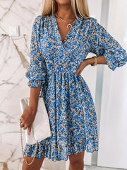 Women's Dresses Puff Sleeve Floral Print Ruched Waist V-Neck Boho Dresses