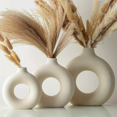 3pcs, Modern Boho Donut Ceramic Vase Set for Home and Office Decor - Round Tabletop Decoration for Living Room, Bedroom, and Garden - Stylish Desktop Ornament for a Chic Look