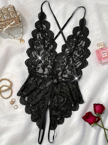 Semi-Sheer Lace Backless Teddy Bodysuit for Women - Seductive Sleepwear with Plunging Neckline, Open Crotch, and Knit Fabric - Perfect for a Romantic Night In