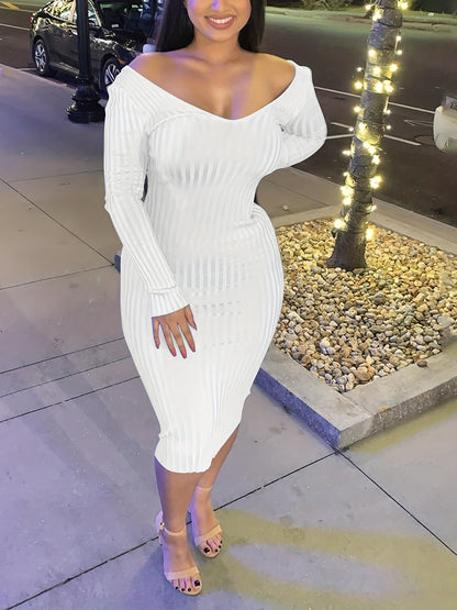 Off Shoulder Bodycon Dress, Elegant Backless Long Sleeve Dress, Women's Clothing