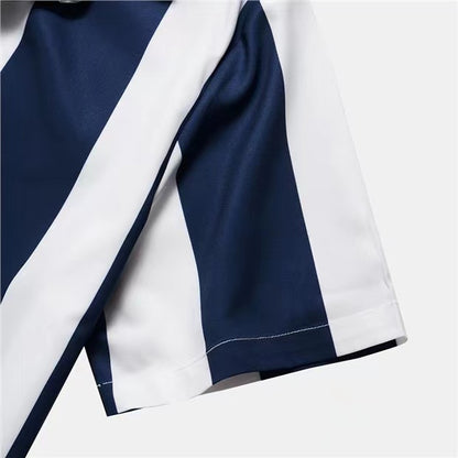 Mens Summer Short Sleeve Striped Shirting Shirt - Square Neck, Button Front, Regular Fit, Non-Stretch Polyester Fabric, Hand Wash or Dry Clean, Perfect for Weekend Casual Street Style