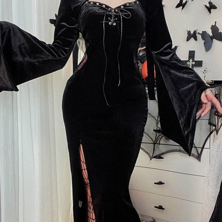 Women's Dresses Halloween Solid Drawstring Party Hooded Trumpet Sleeve Dresses