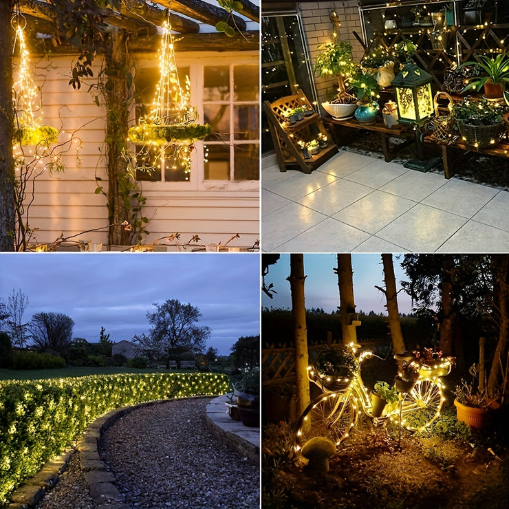 8-Mode Solar Powered Copper Wire Fairy Flower Wreath Lamp - Outdoor Garden Decorative Lighting for Christmas Wedding Party Tree Terraces - Durable Weather-Resistant Construction with Energy-Efficient LEDs