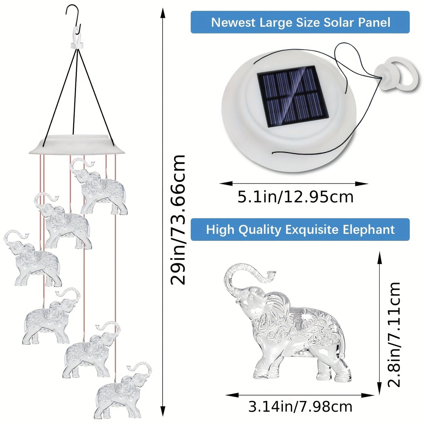 Elephant Solar Wind Chimes with LED Lights - Durable ABS Outdoor Decor, 600mAh Rechargeable Battery for Long-Lasting Night Lighting, Perfect Housewarming Gift for Garden & Patio, Memorial, Yard Lawn Decor