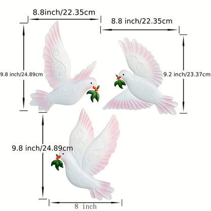 """3pcs Dove Wall Decor - 9.7"""" Metal Ornament for Indoor/Outdoor Home, Patio, Garden & Room Decoration"""