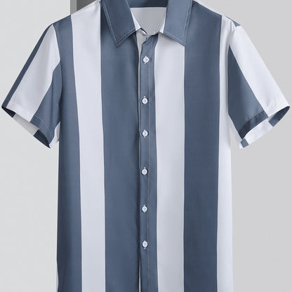 Mens Summer Short Sleeve Striped Shirting Shirt - Square Neck, Button Front, Regular Fit, Non-Stretch Polyester Fabric, Hand Wash or Dry Clean, Perfect for Weekend Casual Street Style
