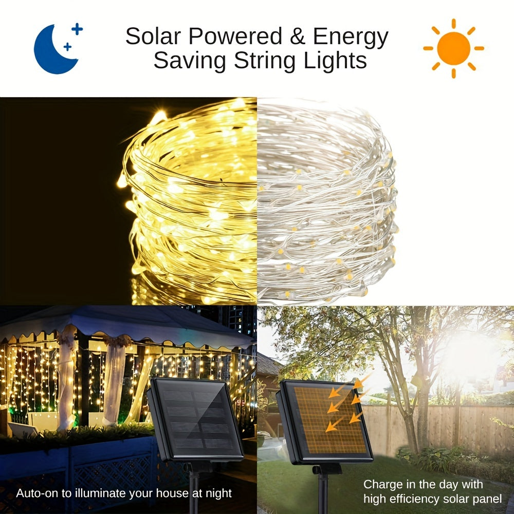 1pc, 50/100/200/300 LED Solar Light Outdoor Waterproof With 8 Modes Copper Wire Fairy Garland String Lights For Party Wedding Patio Garden Lawn Pathway Solar Power Lamp Christmas Decoration, Halloween Decorations Lights Outdo