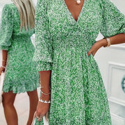 Women's Dresses Puff Sleeve Floral Print Ruched Waist V-Neck Boho Dresses