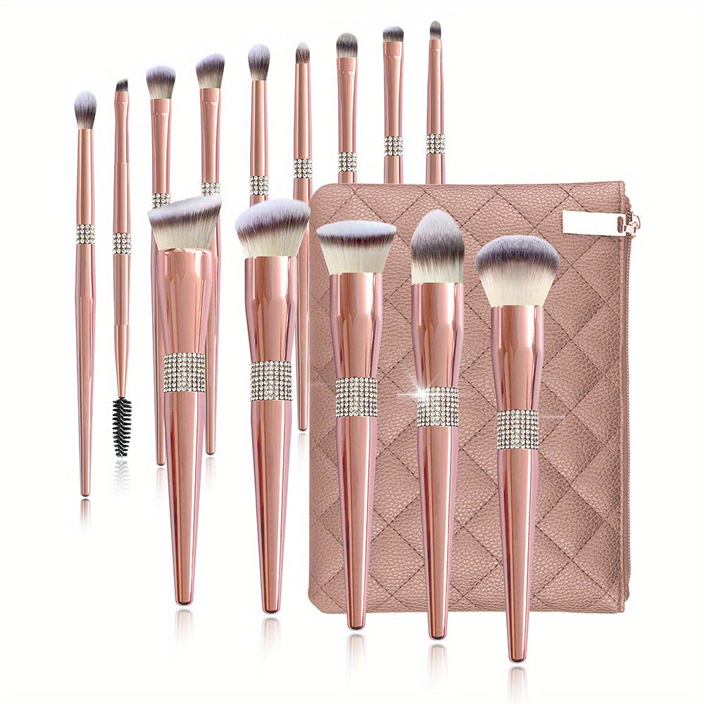 12/14pcs Luxe Makeup Brush Set with Glitter Handles - Includes Blush, Eyeshadow, Foundation Brushes & More - Nylon Bristles for All Skin Types - Fragrance-Free